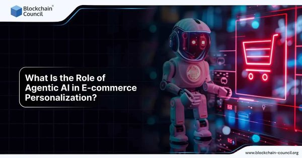 A futuristic robot interacts with a glowing neon shopping cart interface, symbolizing personalized shopping experiences powered by Agentic AI.