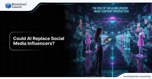 A futuristic digital scene showing a woman analyzing data on a tablet while surrounded by holographic AI-generated influencers performing and creating content.