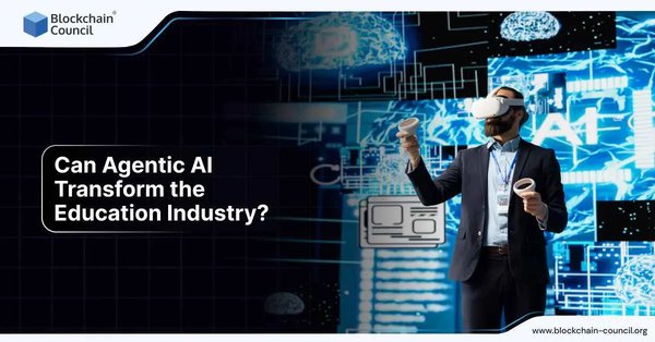 A man in a suit uses virtual reality controllers with a headset, surrounded by holographic AI and brain visuals, representing how Agentic AI reshapes interactive and immersive learning.