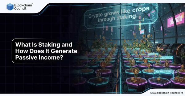 A futuristic farm with digital plants growing Bitcoin coins, illustrating how staking generates passive income in crypto.