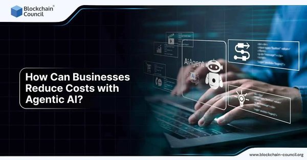 Hands typing on a laptop with holographic projections of an AI agent, analytics, and process icons, representing cost reduction through automation and Agentic AI.
