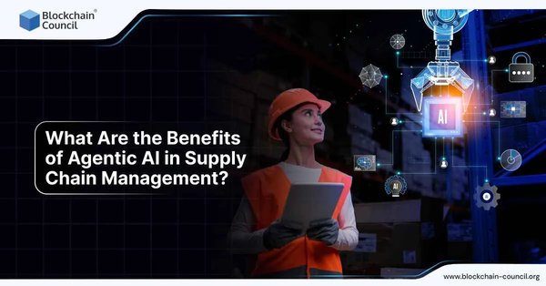 A female worker in a warehouse wearing an orange helmet holds a tablet while a robotic arm labeled “AI” processes logistics data, representing the efficiency of Agentic AI in supply chain management.