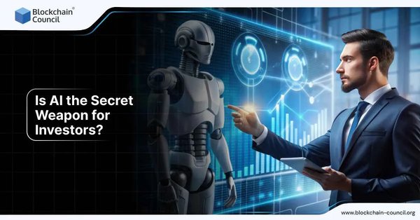 A business professional interacting with AI-powered data analytics and trends on a digital screen, contemplating AI’s role as an investor’s secret weapon.