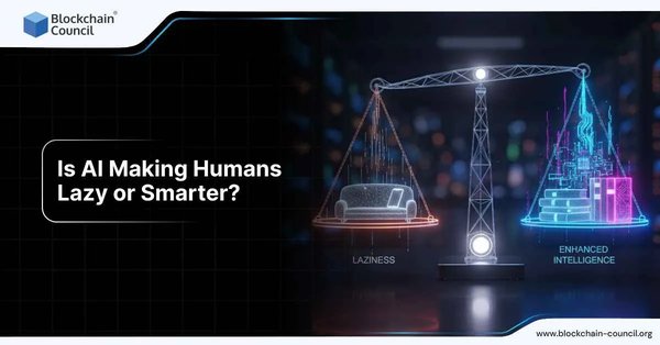 A digital balance scale compares “Laziness” on one side, represented by a glowing couch, and “Enhanced Intelligence” on the other, represented by books and circuitry.