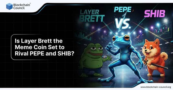 A vibrant digital illustration featuring three iconic meme coin characters: Brett, a futuristic blue frog; PEPE, the classic green meme frog; and SHIB, the pixelated Shiba Inu dog. They appear in a face-off under glowing lights with trading charts in the background.