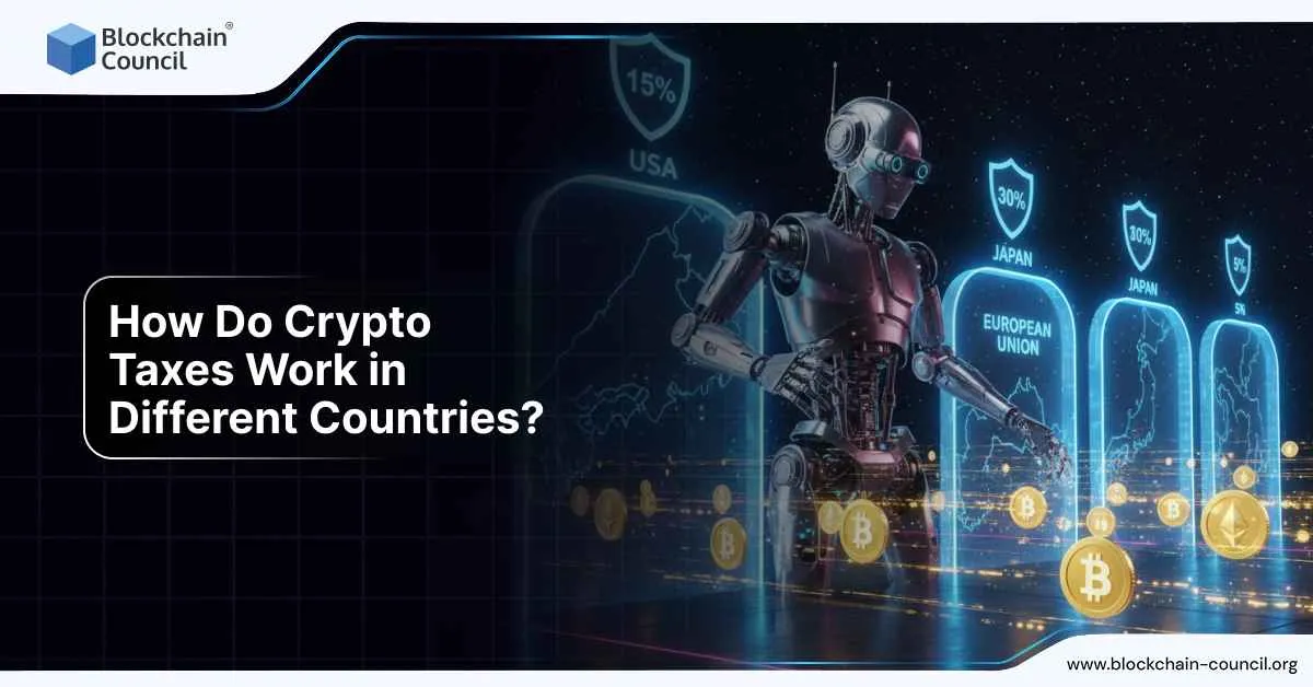 A humanoid robot analyzing global crypto tax rates with country-specific percentages displayed, symbolizing crypto taxation across nations.