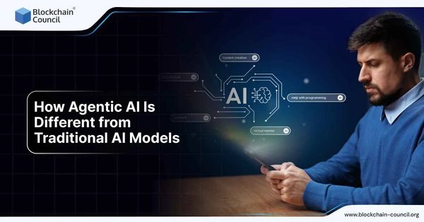 A man interacts with a holographic AI interface displaying concepts like content creation, programming, and mentorship, illustrating differences between Agentic AI and traditional models.