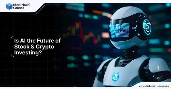 A futuristic robot with a display showing stock and crypto market data, questioning if AI will dominate the future of investing.