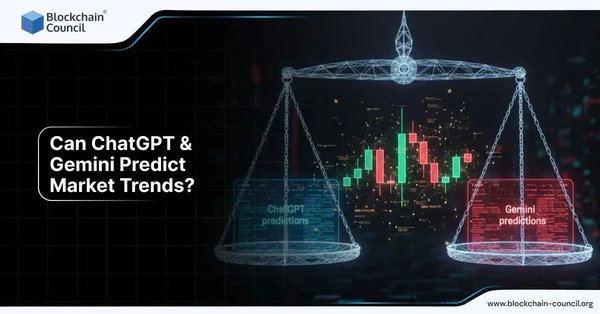 A digital scale balancing two predictions from ChatGPT and Gemini, with market trend data displayed in the background, exploring their potential to predict market movements.