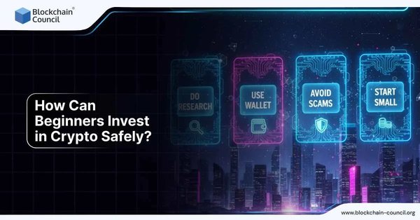 Digital neon cards with tips like do research, use wallet, avoid scams, and start small, guiding beginners on safe crypto investing.