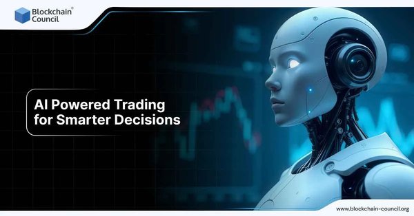 A humanoid robot with glowing eyes looks at trading dashboards, emphasizing AI-powered trading for smarter decisions.