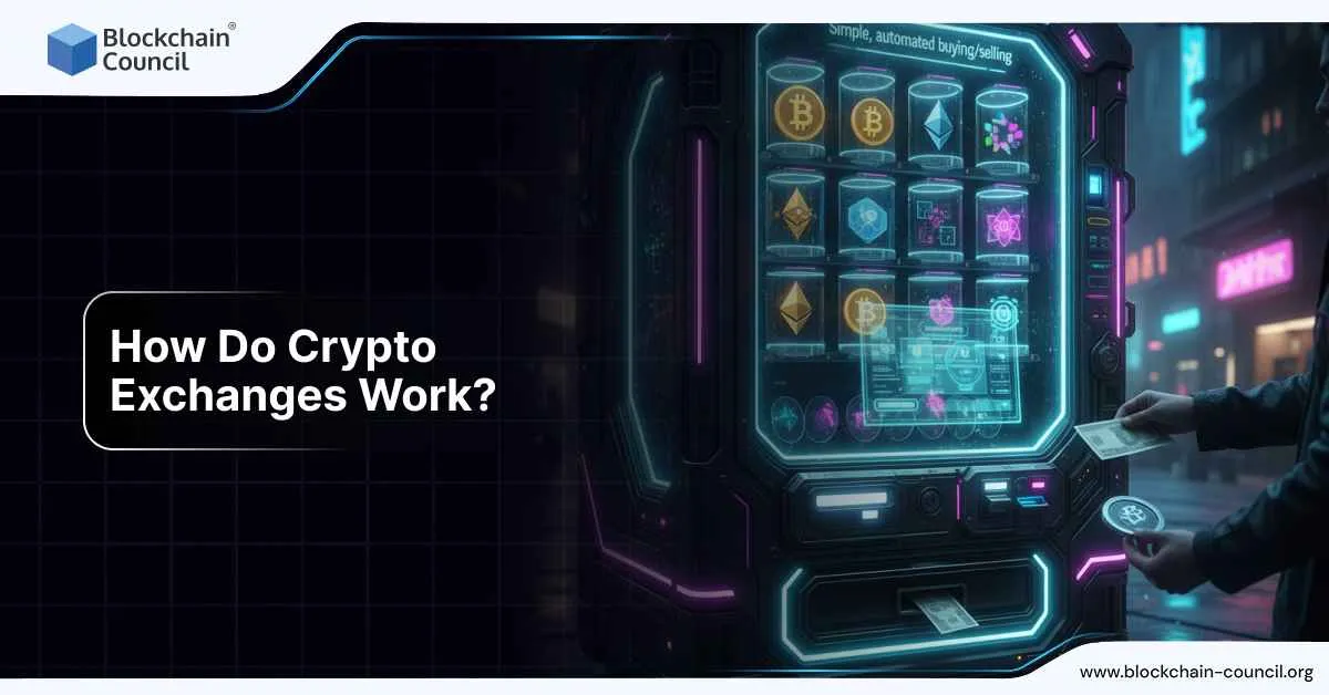 A person interacting with a futuristic machine displaying crypto tokens, symbolizing how cryptocurrency exchanges operate.