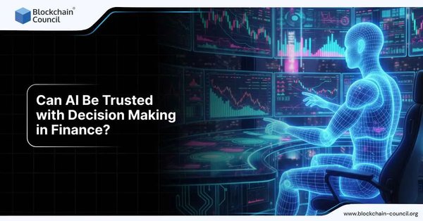 A futuristic AI figure made of glowing digital wireframe sits at a high-tech workstation, analyzing multiple financial charts and data graphs on large screens.
