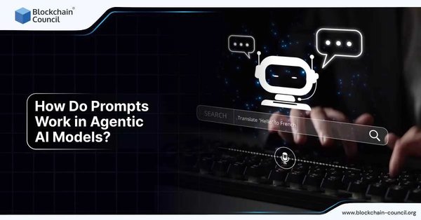 A digital chat interface displays a robot icon with speech bubbles and a search bar showing prompt examples, symbolizing prompt engineering in Agentic AI models.