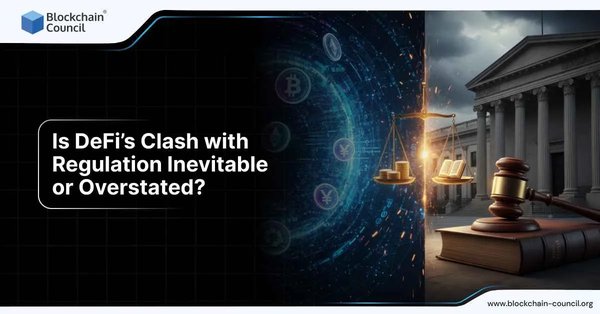 A symbolic digital artwork showing the clash between decentralized finance (DeFi) and traditional regulation. The left side depicts glowing cryptocurrency symbols like Bitcoin and Ethereum within a digital network, while the right side shows a courthouse with legal scales, books, and a gavel. The balance symbolizes the tension between innovation and law.